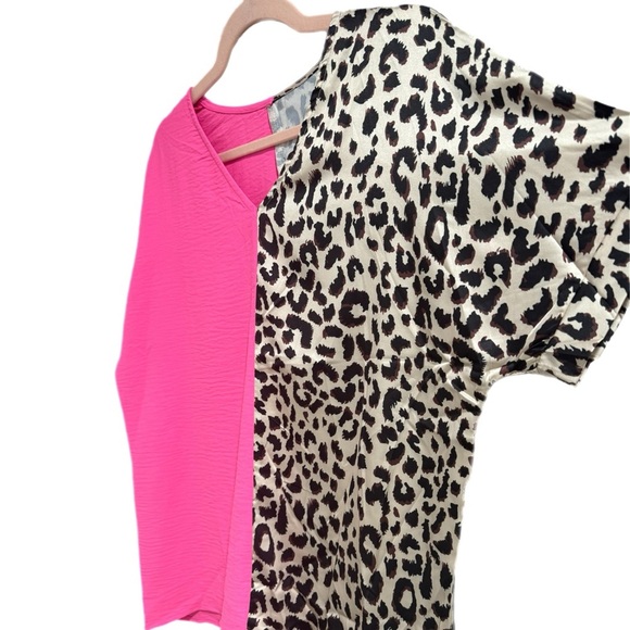 Contrast Pink & Leopard Colorblock V Neck Boutique Top Short Sleeve Shirt - Picture 9 of 11